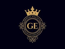 Letter GE Antique royal luxury victorian logo with ornamental frame. vector