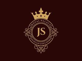 Letter JS Antique royal luxury victorian logo with ornamental frame. vector