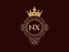 Letter NX Antique royal luxury victorian logo with ornamental frame. vector