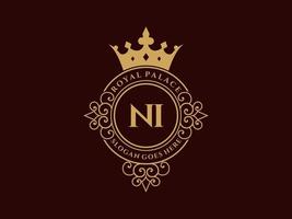 Letter NI Antique royal luxury victorian logo with ornamental frame. vector