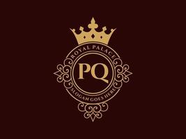 letra pq logotipo victoriano de lujo real antiguo con marco ornamental. vector