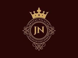 Letter JN Antique royal luxury victorian logo with ornamental frame. vector