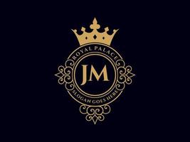 Letter JM Antique royal luxury victorian logo with ornamental frame. vector