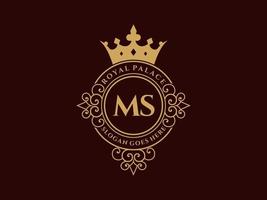 Letter MS Antique royal luxury victorian logo with ornamental frame. vector