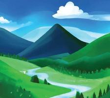 Nature scene with river and hills, forest and mountain, landscape flat cartoon style illustration