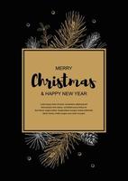 Merry Christmas and Happy New Year vertical design with hand drawn golden evergreen branches on black background. Vector illustration in sketch style