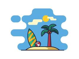 Illustration of beach and the tropical island with palm tree and surfing board vector illustration icon isolated on a white background.