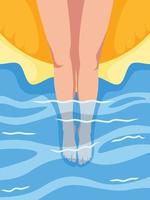 Illustration of girl's feet in the swimming pool with lifebuoy. Flat design vector illustration.