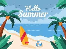 Illustration of summertime poster landscape background. vacation vector illustration with a surfing board, beach ball, and palm trees. flat vector illustration.