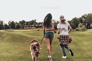 se vienen nuevas aventuras. vista trasera completa de una joven pareja moderna corriendo con su perro mientras pasa tiempo sin preocupaciones afuera foto