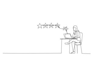 Cartoon of businesswoman with computer give review to increase rate. Single continuous line art style vector