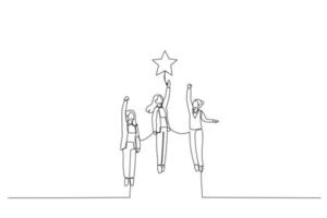 ilustración del equipo de mujeres de negocios hasta las estrellas. metáfora para el equipo de negocios ganador. un estilo de arte de línea continua vector