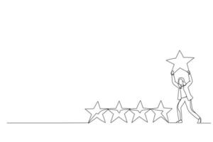 caricatura de mujer de negocios sosteniendo una estrella amarilla dorada para agregar a la calificación de 5 estrellas. estilo de arte de línea continua vector