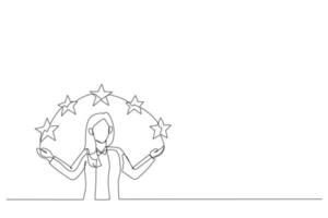 Drawing of businesswoman points to the stars. Metaphor for good customer review. Single line art style vector