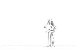 Cartoon of businesswoman hugging big star. Metaphor for good review. Continuous line art vector