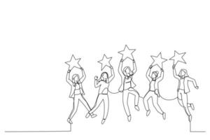 Drawing of businesswoman jumping and holding golden review stars. Metaphor for business rating. Single line art style vector