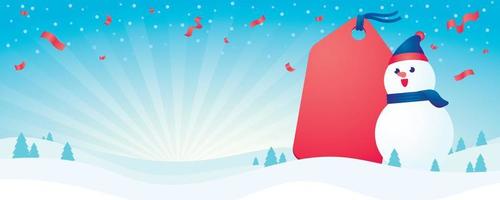 winter scene banner background with cute snowman and price tag illustration vector