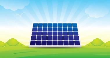 solar cell board on green field with bright blue sky illustration vector