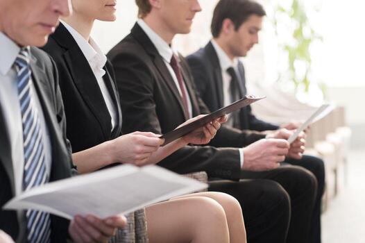 esperando en la fila. imagen recortada de personas con ropa formal esperando en fila mientras se sientan en las sillas y sostienen papeles en sus manos foto