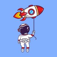 astronauta de dibujos animados lindo en la luna con ilustración de vector de cohete