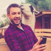 Me and my new friend. Joyful young man making selfie on his smart phone while llama touching his head photo