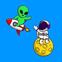 lindo cohete volador alienígena con astronauta sentado en la ilustración de los iconos vectoriales de dibujos animados de la luna. concepto de caricatura plana. adecuado para cualquier proyecto creativo. vector