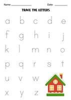 Worksheet with winter house. Trace lowercase letters of alphabet. vector