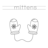 Trace the letters and color mittens. Handwriting practice for kids. vector