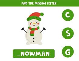 Find missing letter with cute snowman. Spelling worksheet. vector