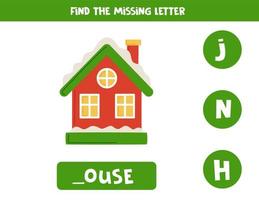 Find missing letter with winter house. Spelling worksheet. vector