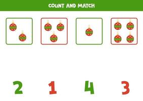 Counting game for kids. Count all Christmas balls and match with numbers. Worksheet for children. vector