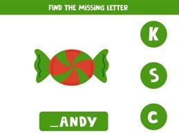 Find missing letter with red green Christmas candy. Spelling worksheet. vector