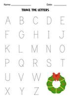 Worksheet with Christmas wreath. Trace uppercase letters of alphabet. vector