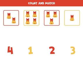 Counting game for kids. Count all Christmas bells and match with numbers. Worksheet for children. vector