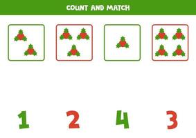 Counting game for kids. Count all Christmas holly and match with numbers. Worksheet for children. vector