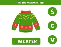 Find missing letter with ugly Christmas sweater. Spelling worksheet. vector