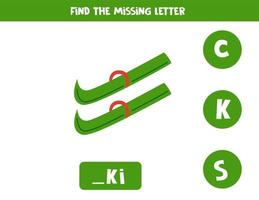 Find missing letter with green ski. Spelling worksheet. vector