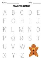 Worksheet with gingerbread cookie. Trace uppercase letters of alphabet. vector