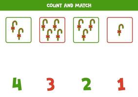 Counting game for kids. Count all Christmas candy canes and match with numbers. Worksheet for children. vector