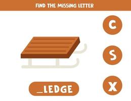 Find missing letter with winter sledge. Spelling worksheet. vector