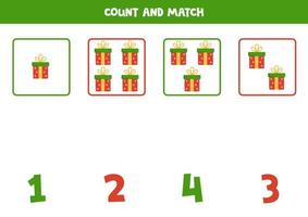 Counting game for kids. Count all Christmas presents and match with numbers. Worksheet for children. vector