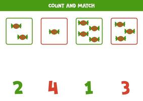 Counting game for kids. Count all Christmas candies and match with numbers. Worksheet for children. vector
