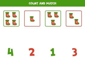 Counting game for kids. Count all Christmas stockings and match with numbers. Worksheet for children. vector