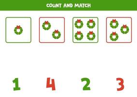 Counting game for kids. Count all Christmas wreaths and match with numbers. Worksheet for children. vector