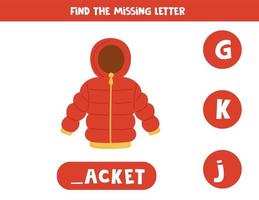 Find missing letter with red winter jacket. Spelling worksheet. vector