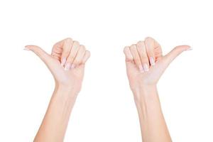 Showing direction. Close-up of female hands gesturing while isolated on white background photo