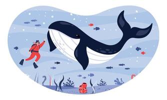 Flat Drawing Of A Diver And Whale vector