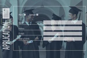 Bright future. Picture of four cheerful students at graduation with digitally composed application form over it photo