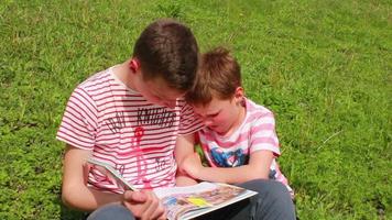 menino lendo um livro sobre a natureza, sentado na grama verde video
