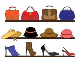 Bag, High Heels and Hat Woman Fashion on Rack Vector